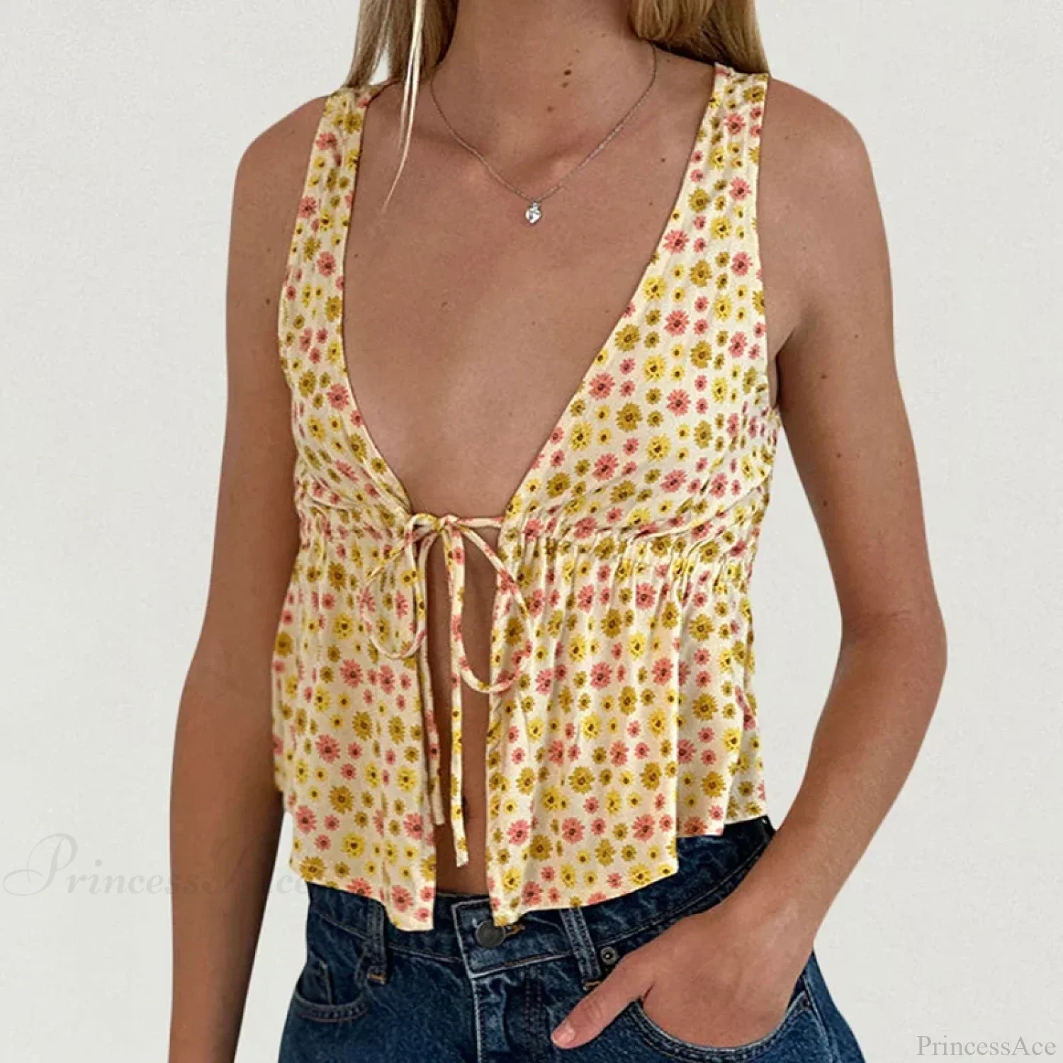 Tie Front Underbust Drawcord Floral Print V Neck Sleeveless Fairy Backless Crop Top - Image 2