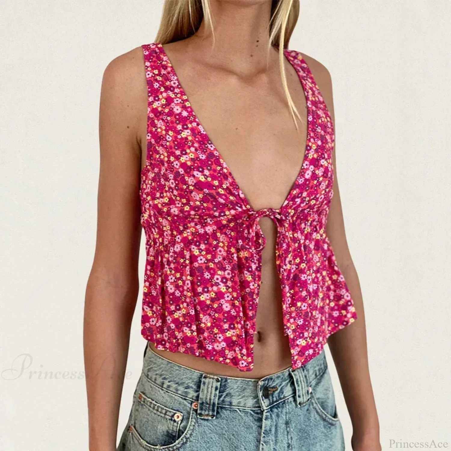 Tie Front Underbust Drawcord Floral Print V Neck Sleeveless Fairy Backless Crop Top - Image 7