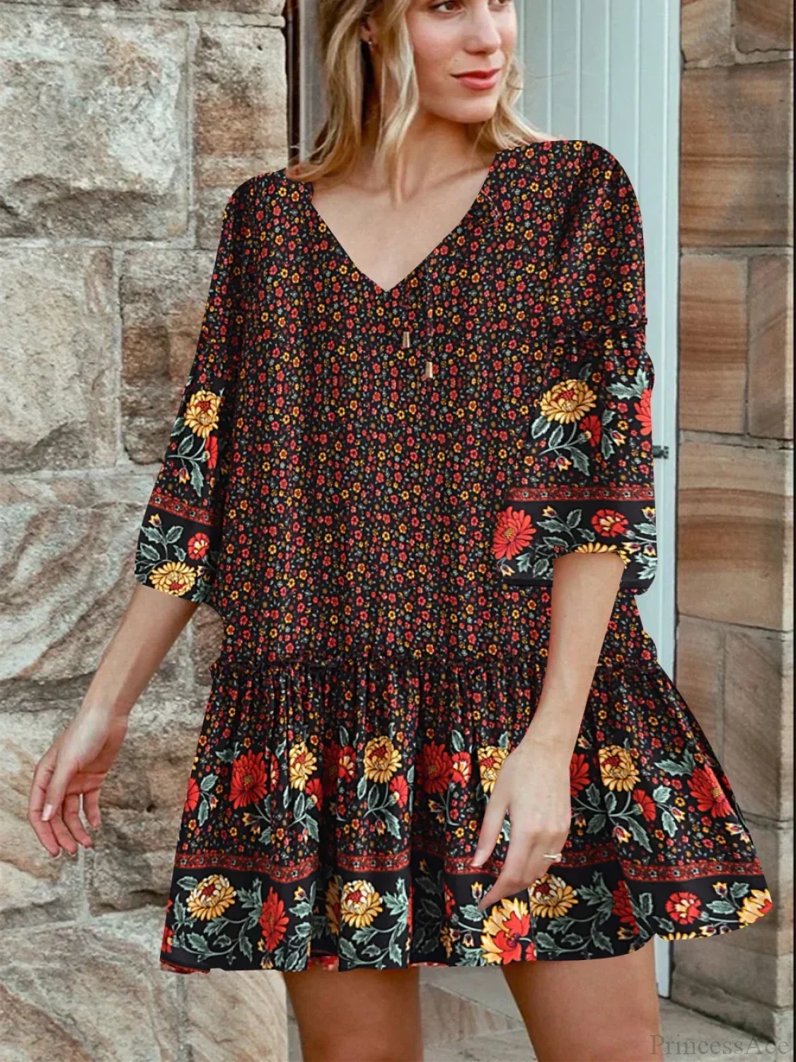 Tie Neck Ruffles Floral Print Rayon Summer Mini Vacation Boho Dress - Image 4