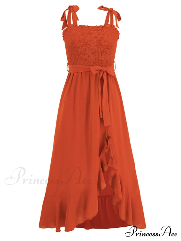 Tie Smock Solid Color Shoulder Slit Ruffle Midi for Gown Women - Image 15