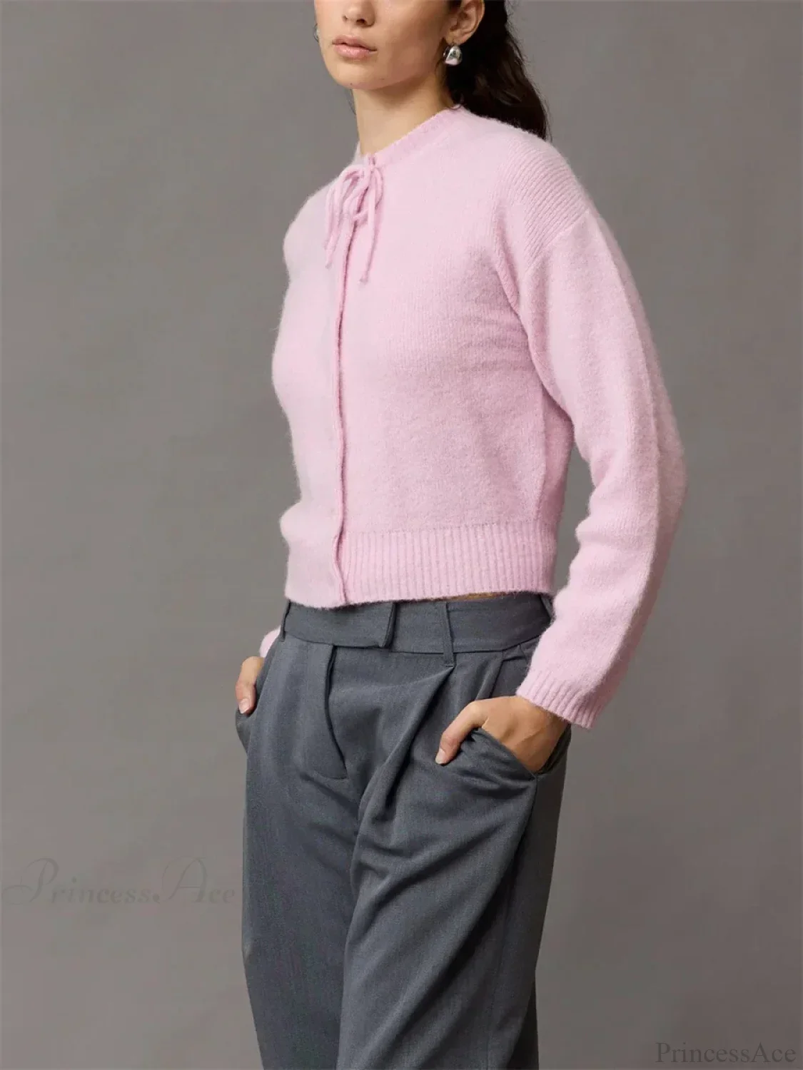 Tie-up Button Solid Knit Cardigan - Image 3