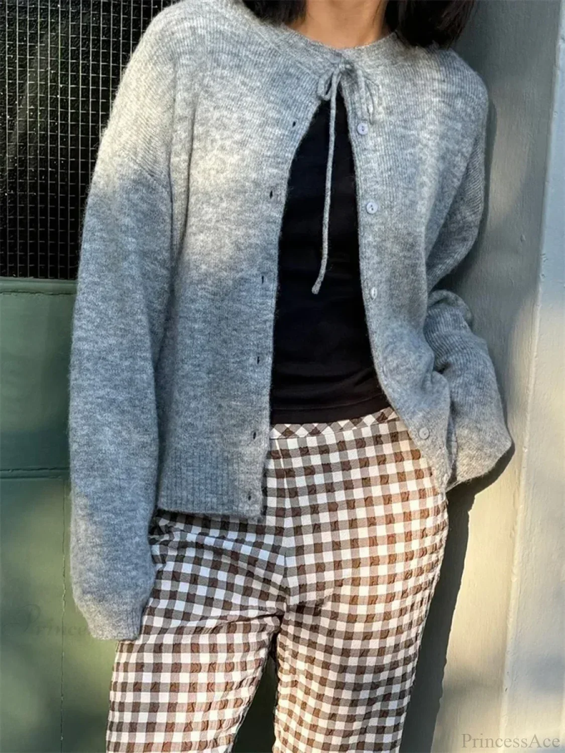 Tie-up Button Solid Knit Cardigan - Image 5