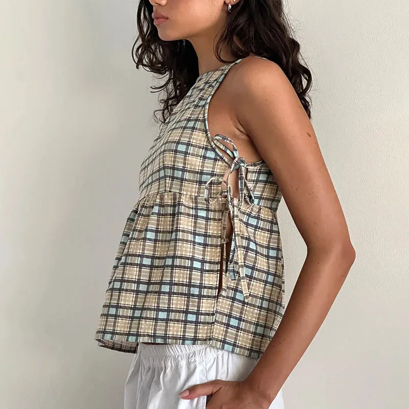 Tie-Up Peplum Plaid Crop Top - Image 2