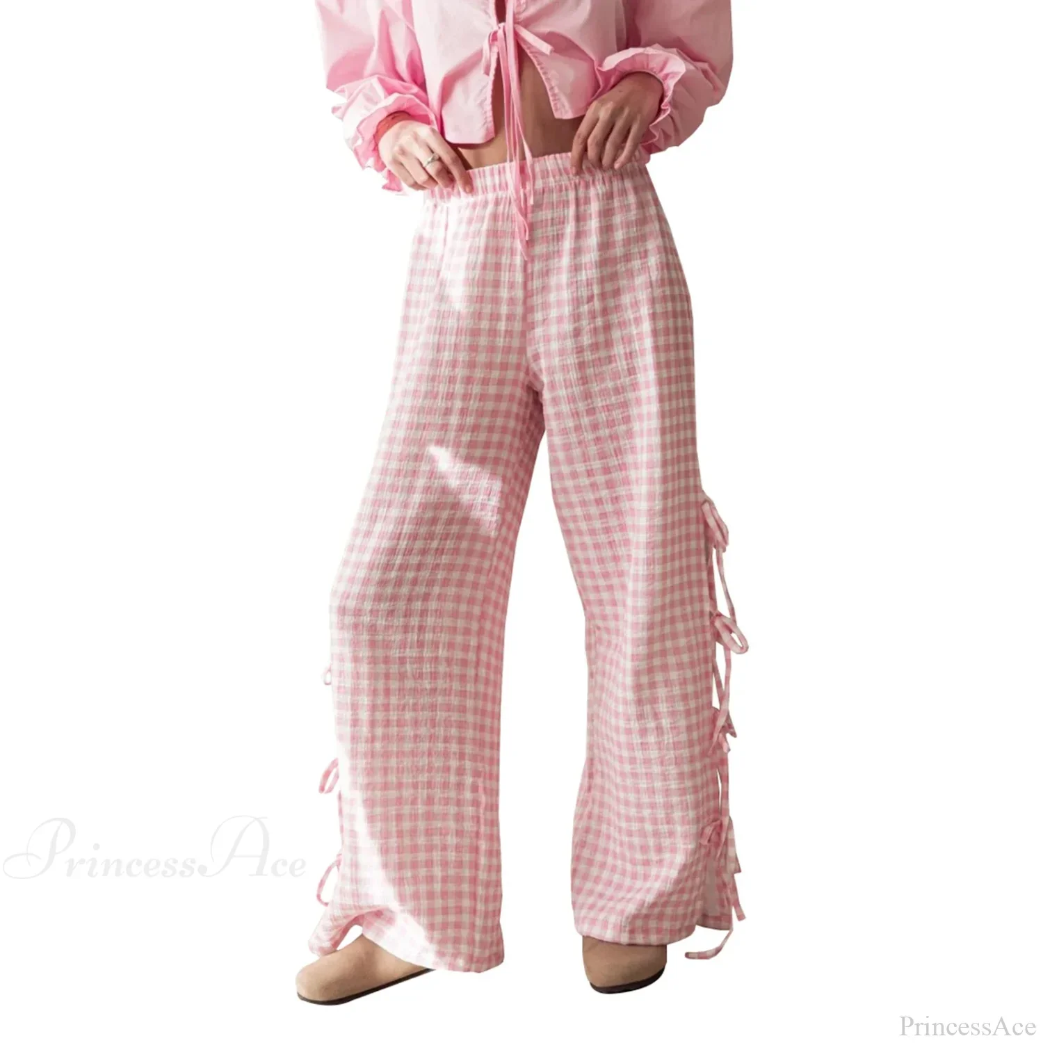 Tie-Up Plaid Stripe Loose Polyester Wide Leg Pant - Image 10