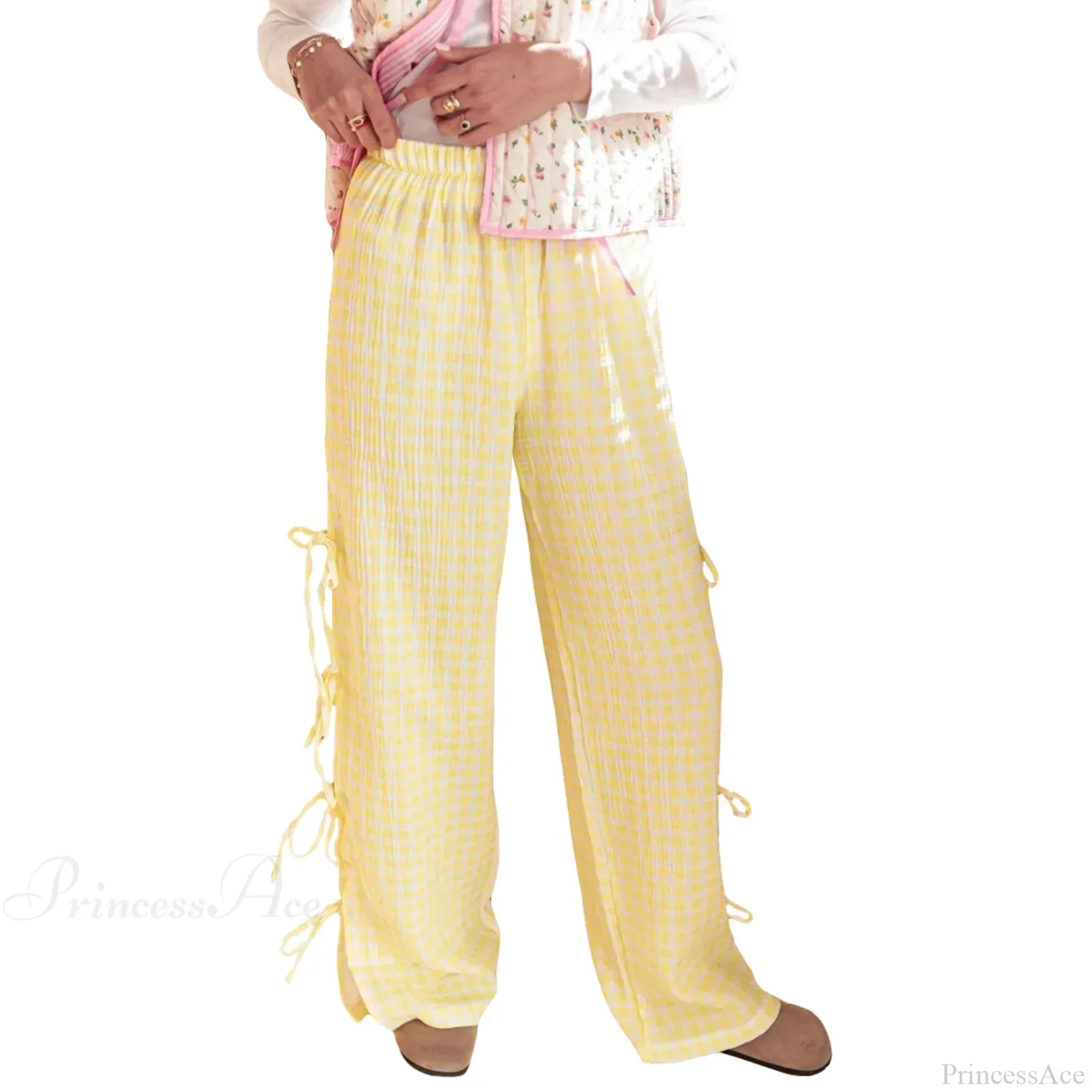 Tie-Up Plaid Stripe Loose Polyester Wide Leg Pant - Image 11