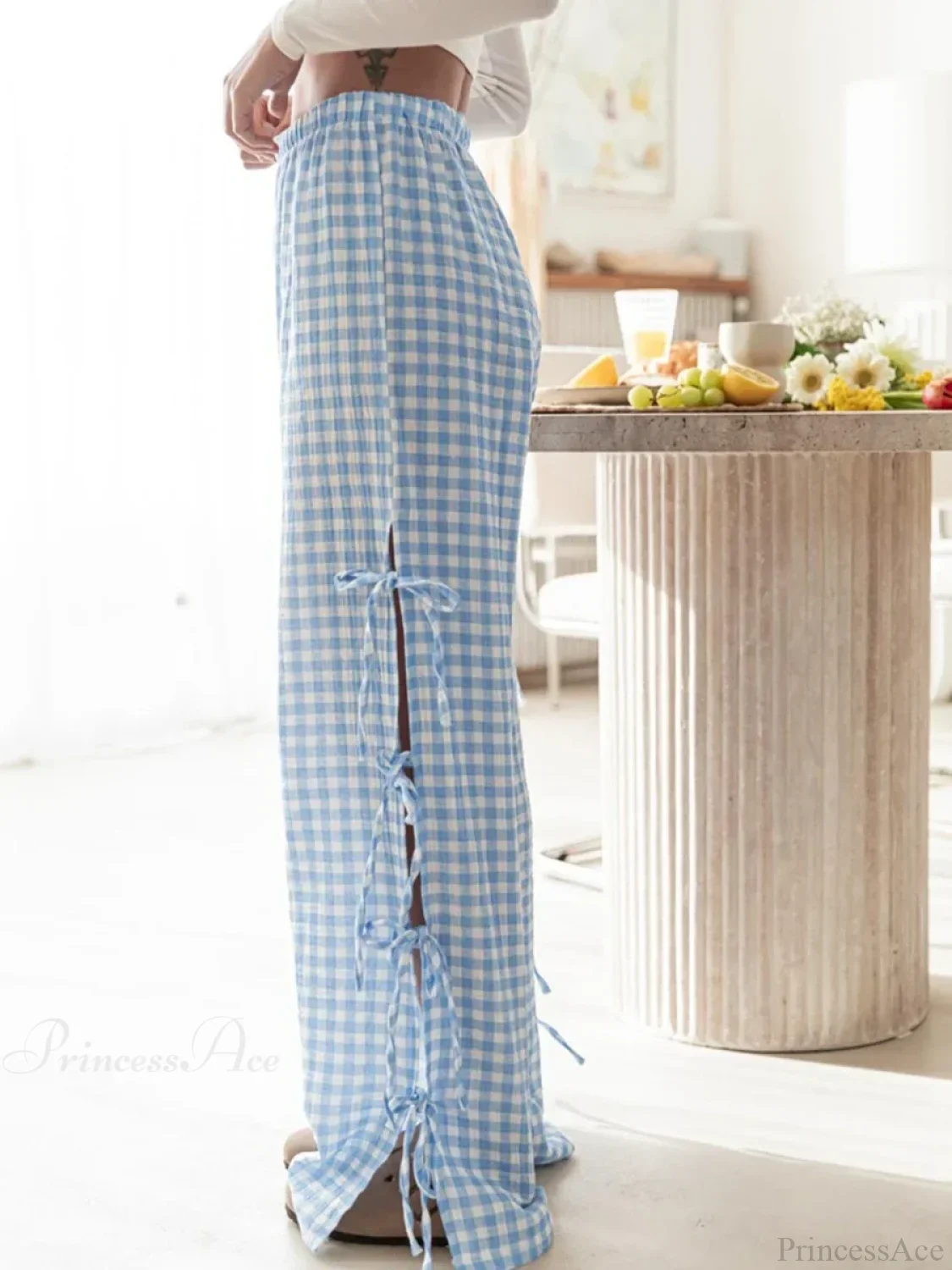 Tie-Up Plaid Stripe Loose Polyester Wide Leg Pant - Image 6