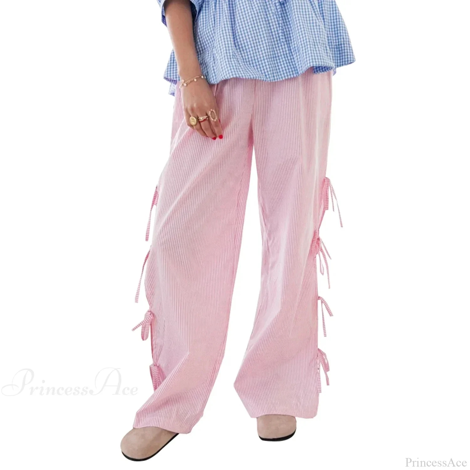 Tie-Up Plaid Stripe Loose Polyester Wide Leg Pant - Image 7