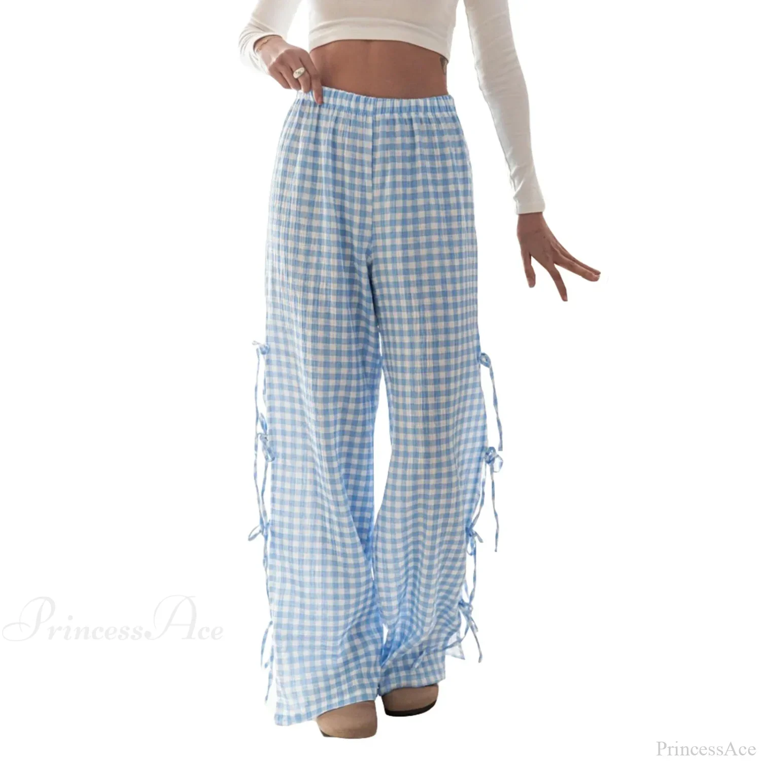 Tie-Up Plaid Stripe Loose Polyester Wide Leg Pant - Image 8