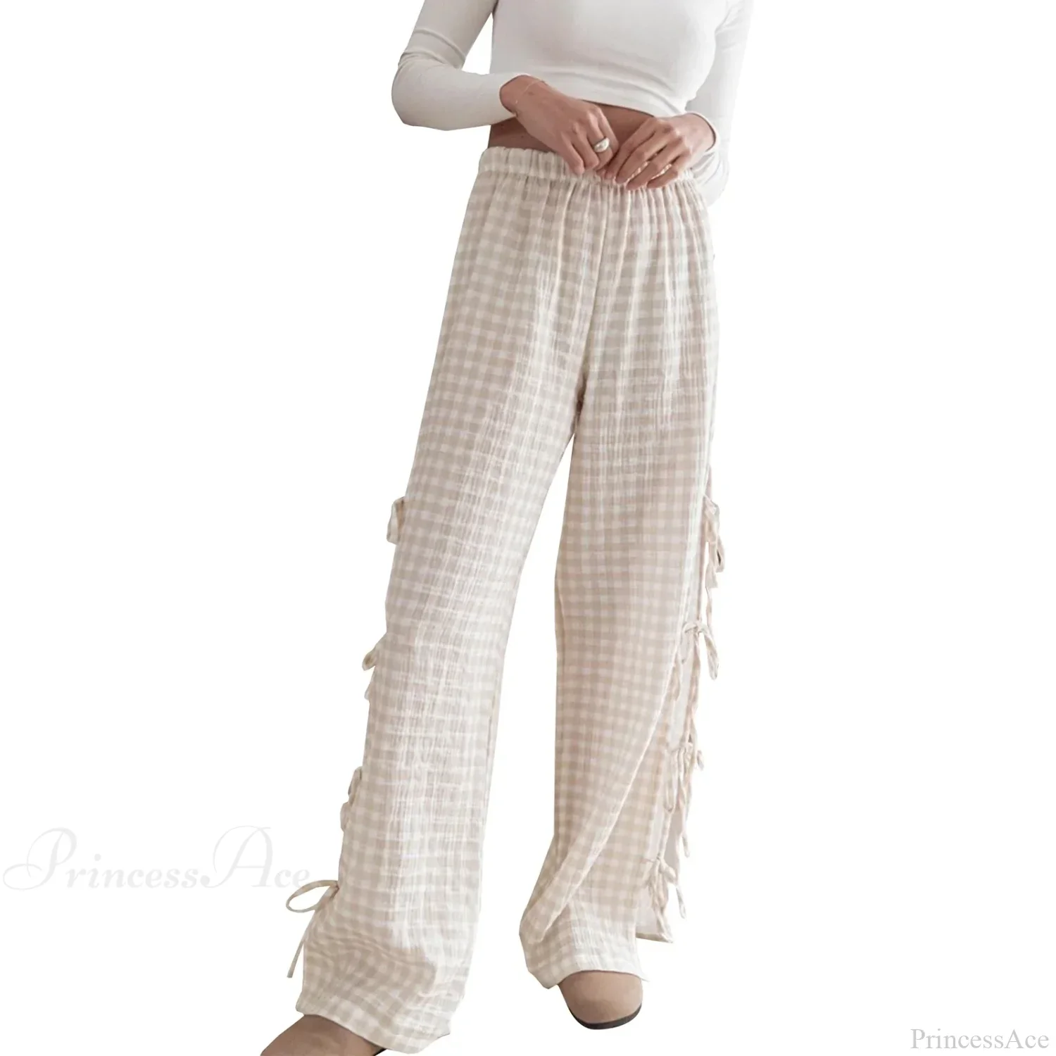 Tie-Up Plaid Stripe Loose Polyester Wide Leg Pant - Image 9