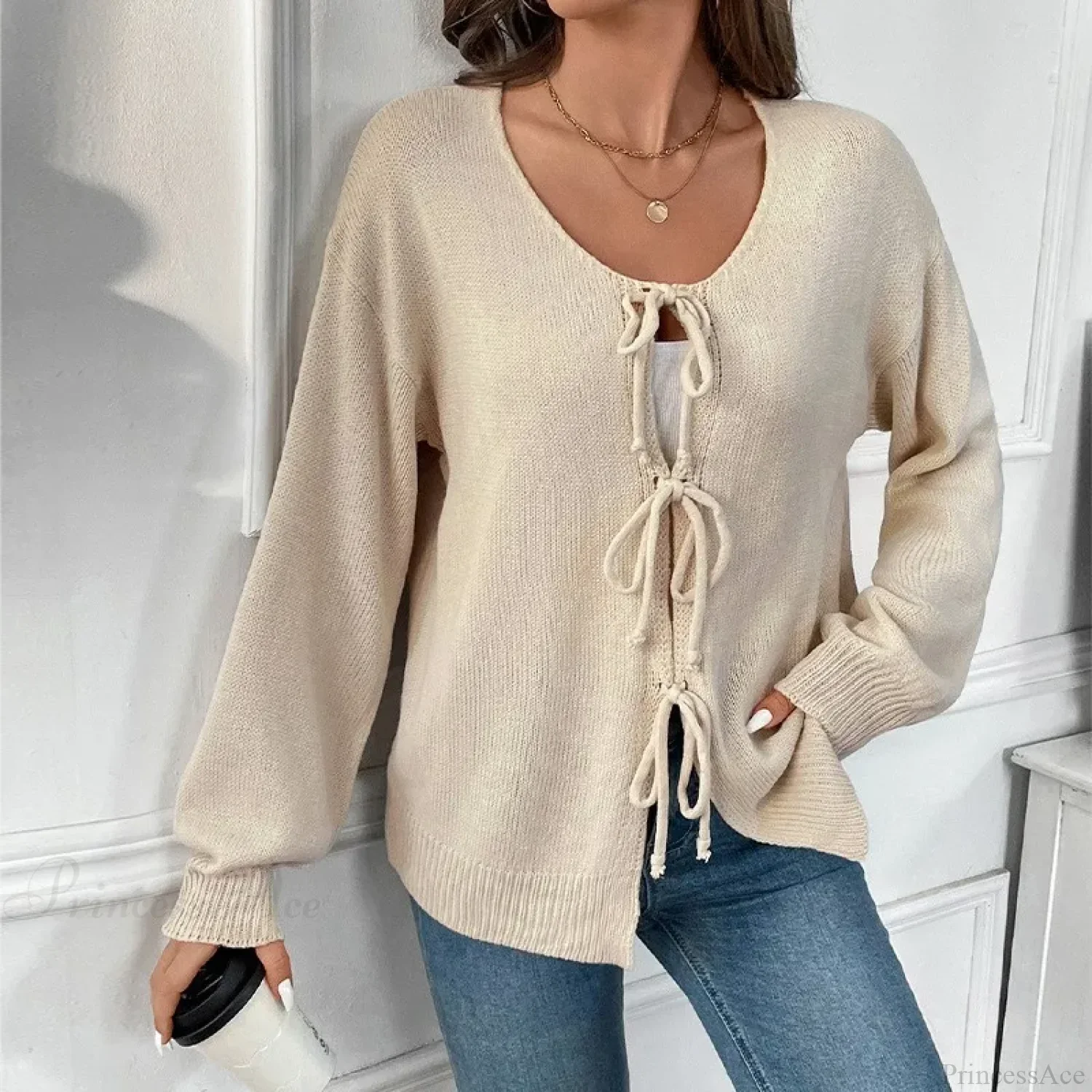 Tie-Up Round Neck Solid Sweater Coat Cardigan