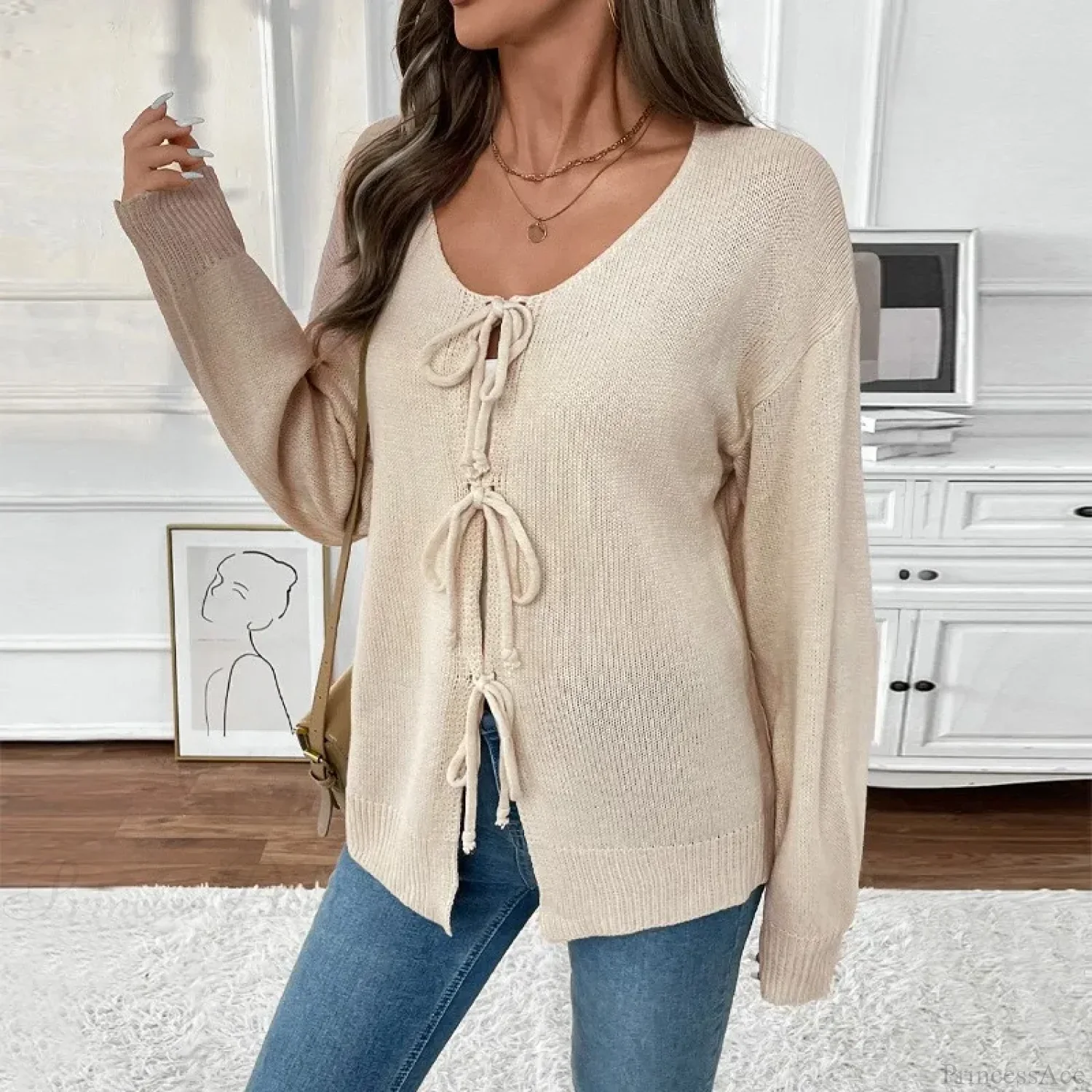 Tie-Up Round Neck Solid Sweater Coat Cardigan - Image 3