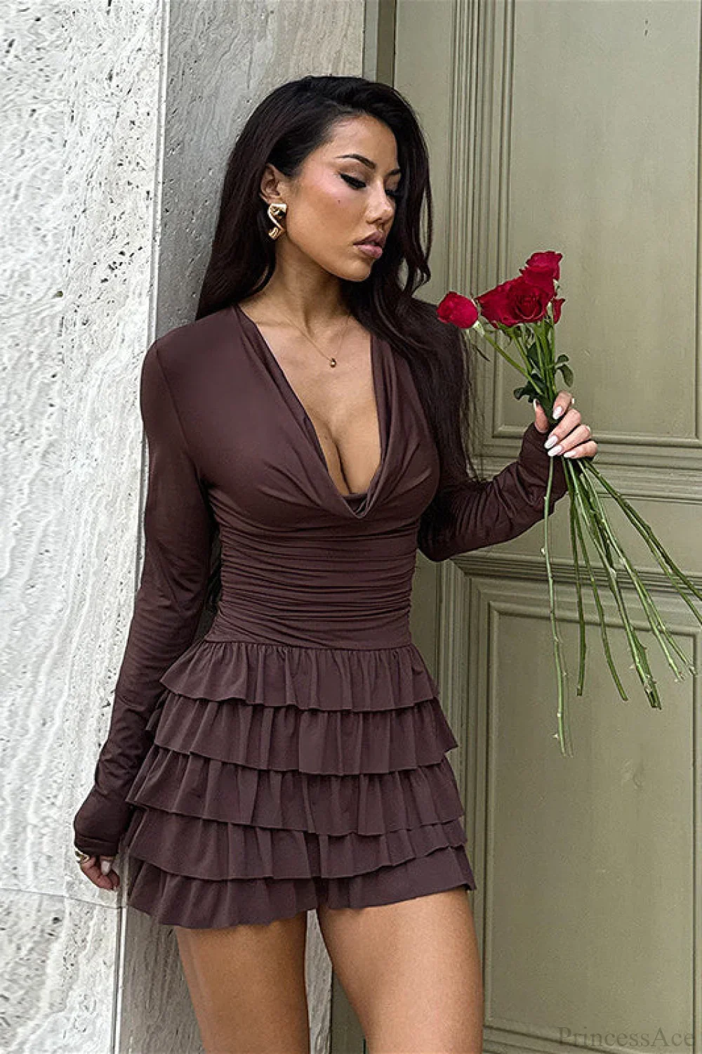 Tiered V-Neck Ruched Slim Mini Dress