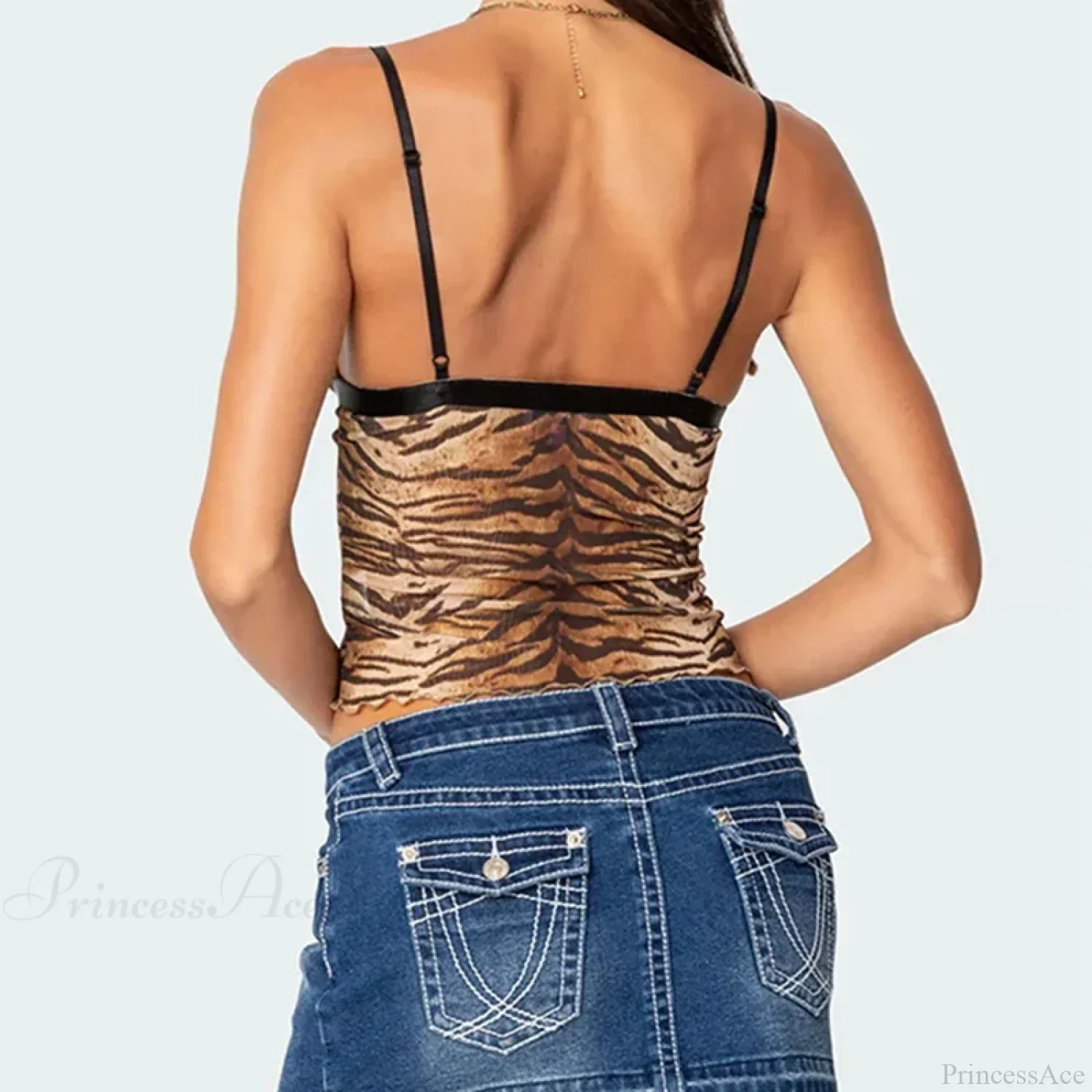 Tiger Stripe Print Coquette V Neck Sleeveless Slim Fit Backless Crop Top - Image 3