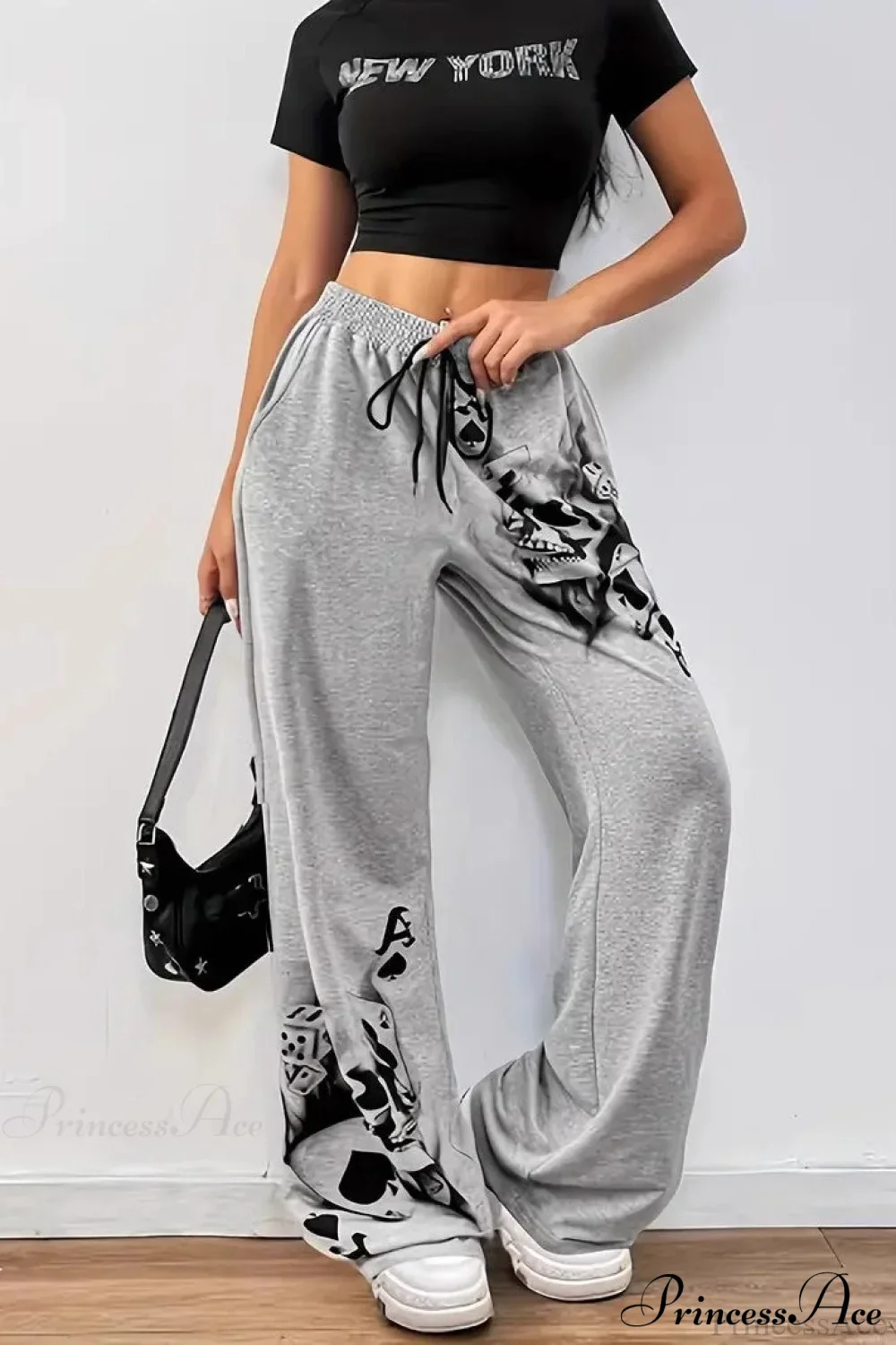 Tire Track Print Drawstring Loose Wide-Leg Pants - Image 2