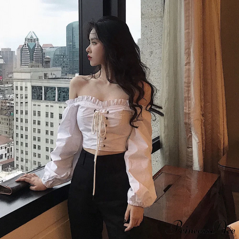Top Sleeves Lace Ruffle Puff Tops Long Tops Crop Vintage Arm Up Bandage Blouse Shoulder Ladies Black Off With White - Image 10