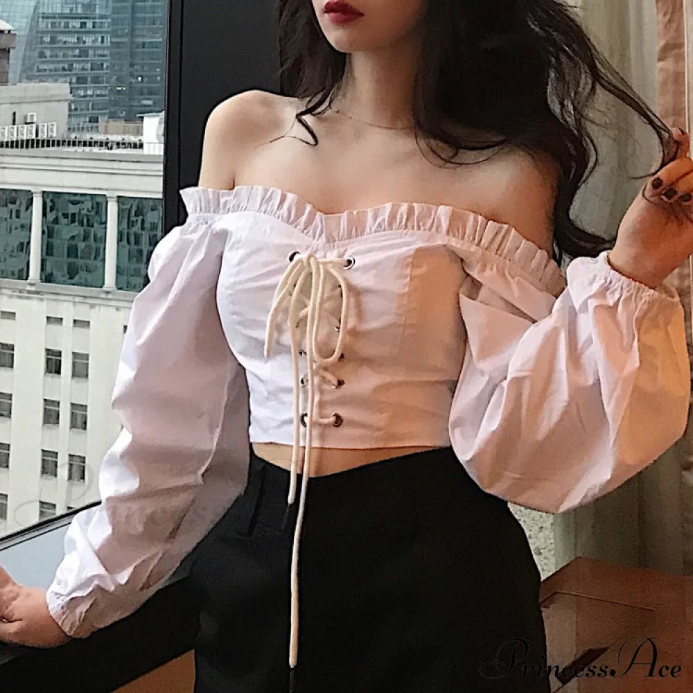 Top Sleeves Lace Ruffle Puff Tops Long Tops Crop Vintage Arm Up Bandage Blouse Shoulder Ladies Black Off With White - Image 12