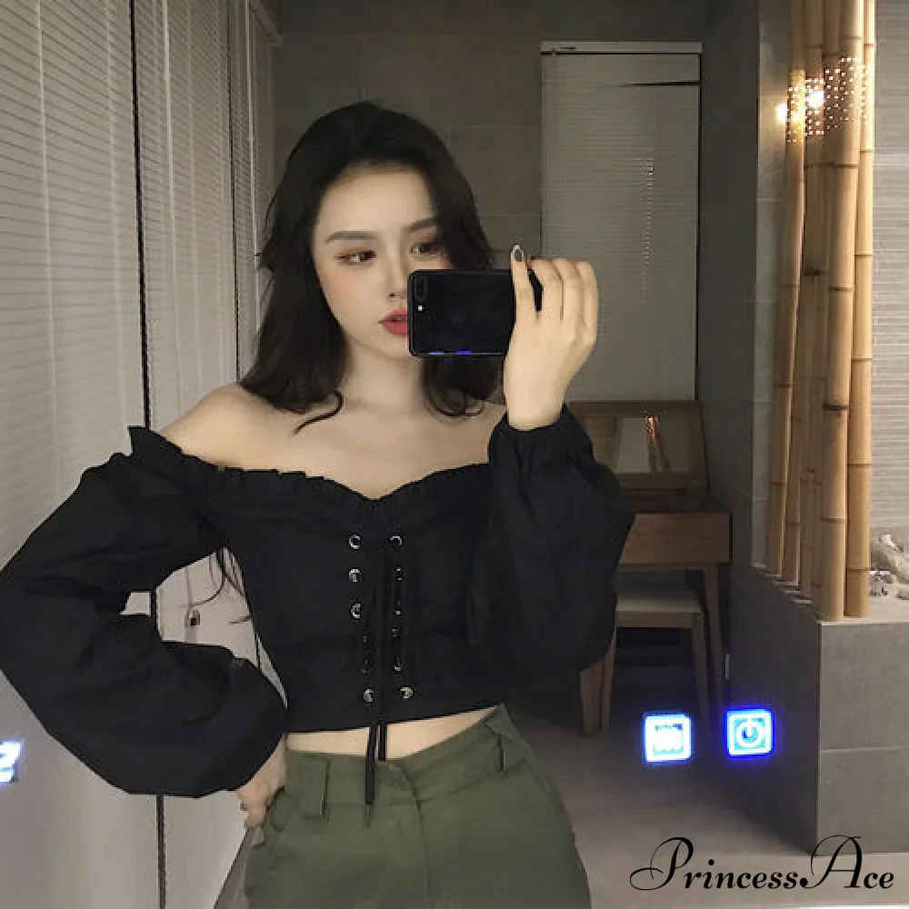 Top Sleeves Lace Ruffle Puff Tops Long Tops Crop Vintage Arm Up Bandage Blouse Shoulder Ladies Black Off With White - Image 13