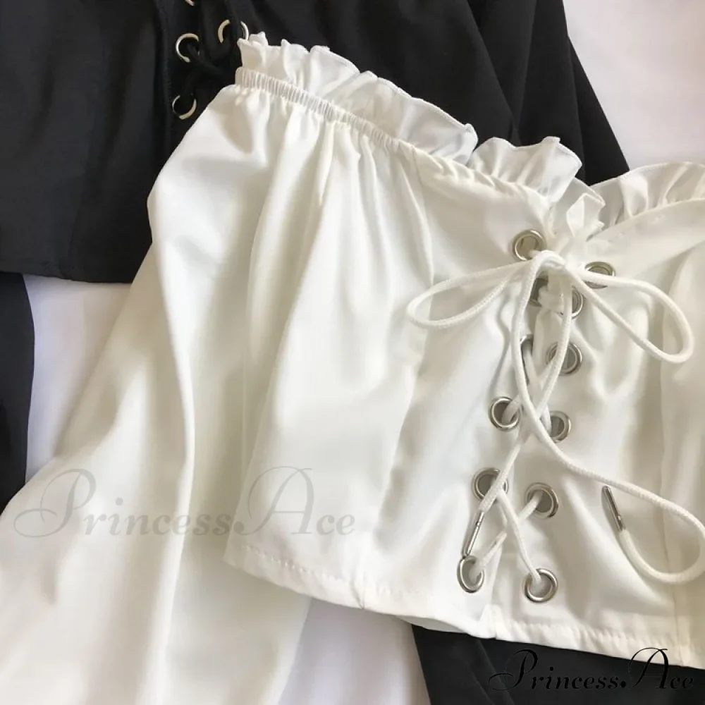Top Sleeves Lace Ruffle Puff Tops Long Tops Crop Vintage Arm Up Bandage Blouse Shoulder Ladies Black Off With White - Image 2