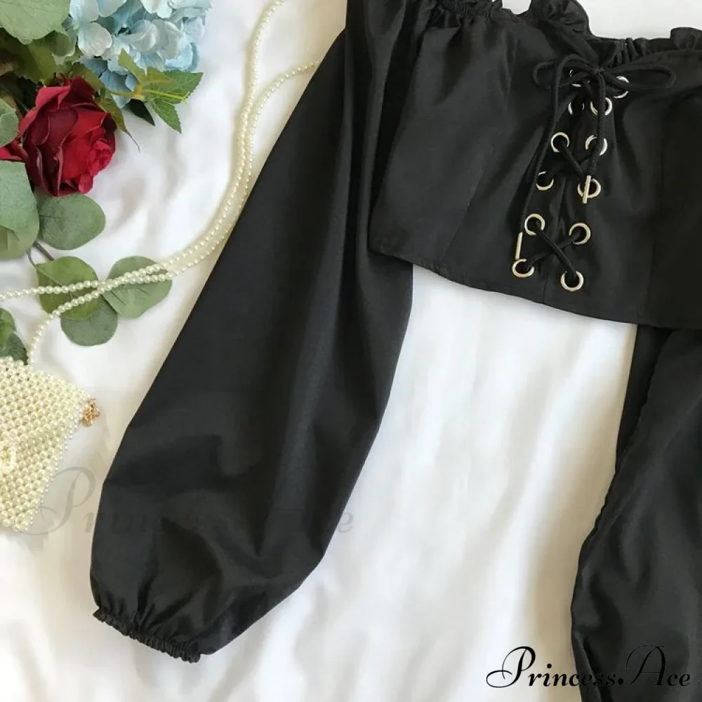 Top Sleeves Lace Ruffle Puff Tops Long Tops Crop Vintage Arm Up Bandage Blouse Shoulder Ladies Black Off With White - Image 4