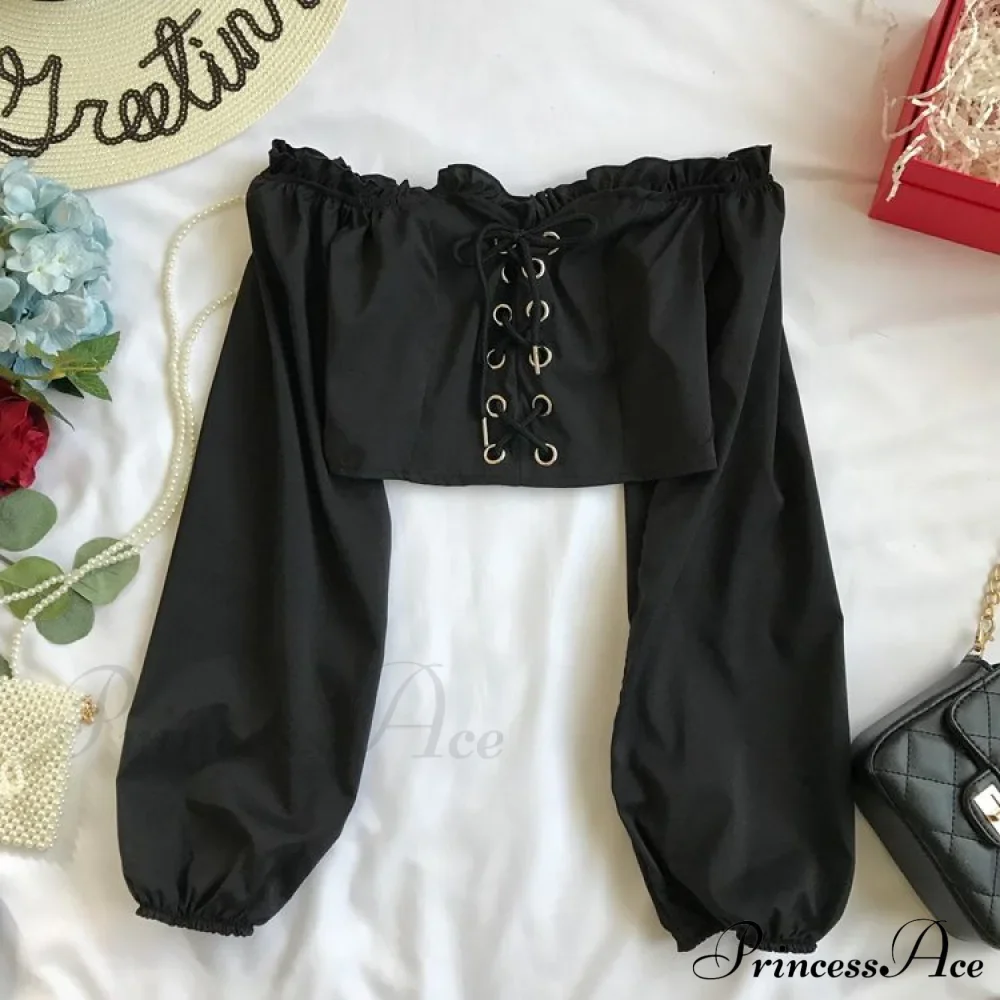 Top Sleeves Lace Ruffle Puff Tops Long Tops Crop Vintage Arm Up Bandage Blouse Shoulder Ladies Black Off With White - Image 7