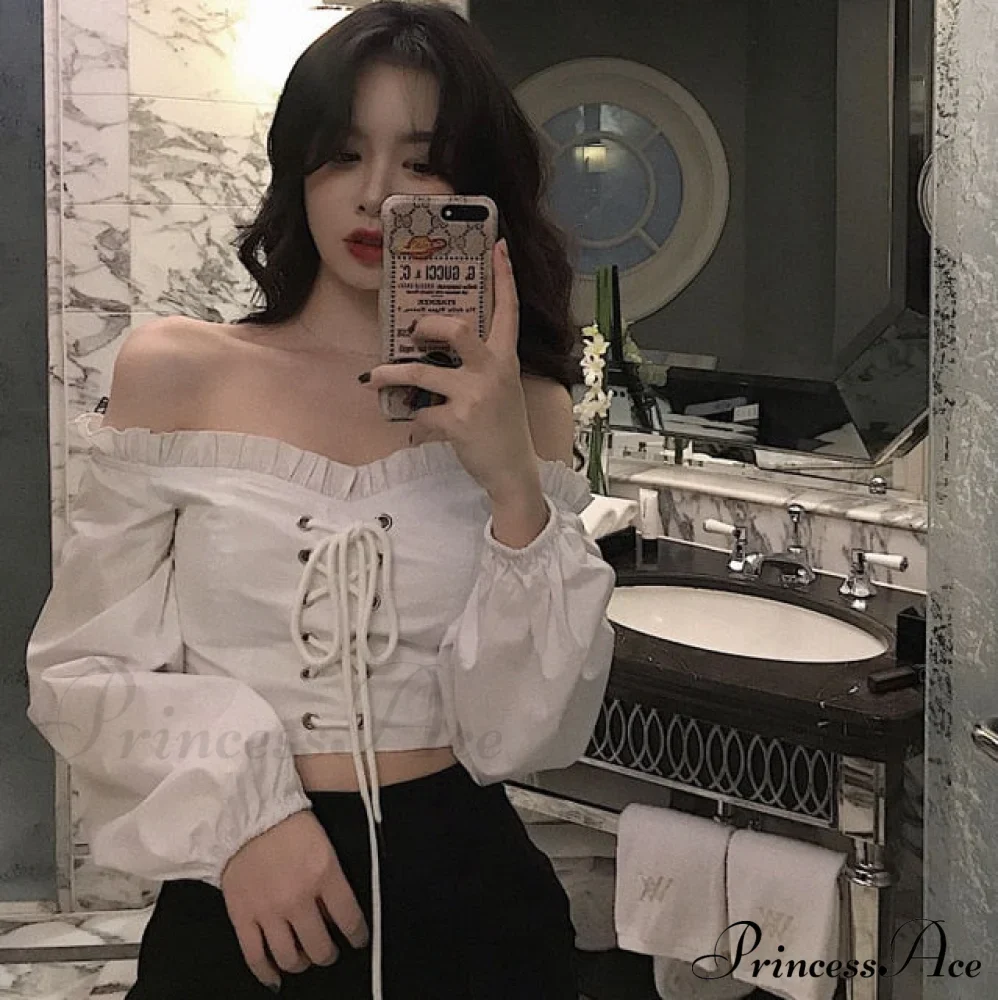 Top Sleeves Lace Ruffle Puff Tops Long Tops Crop Vintage Arm Up Bandage Blouse Shoulder Ladies Black Off With White - Image 8