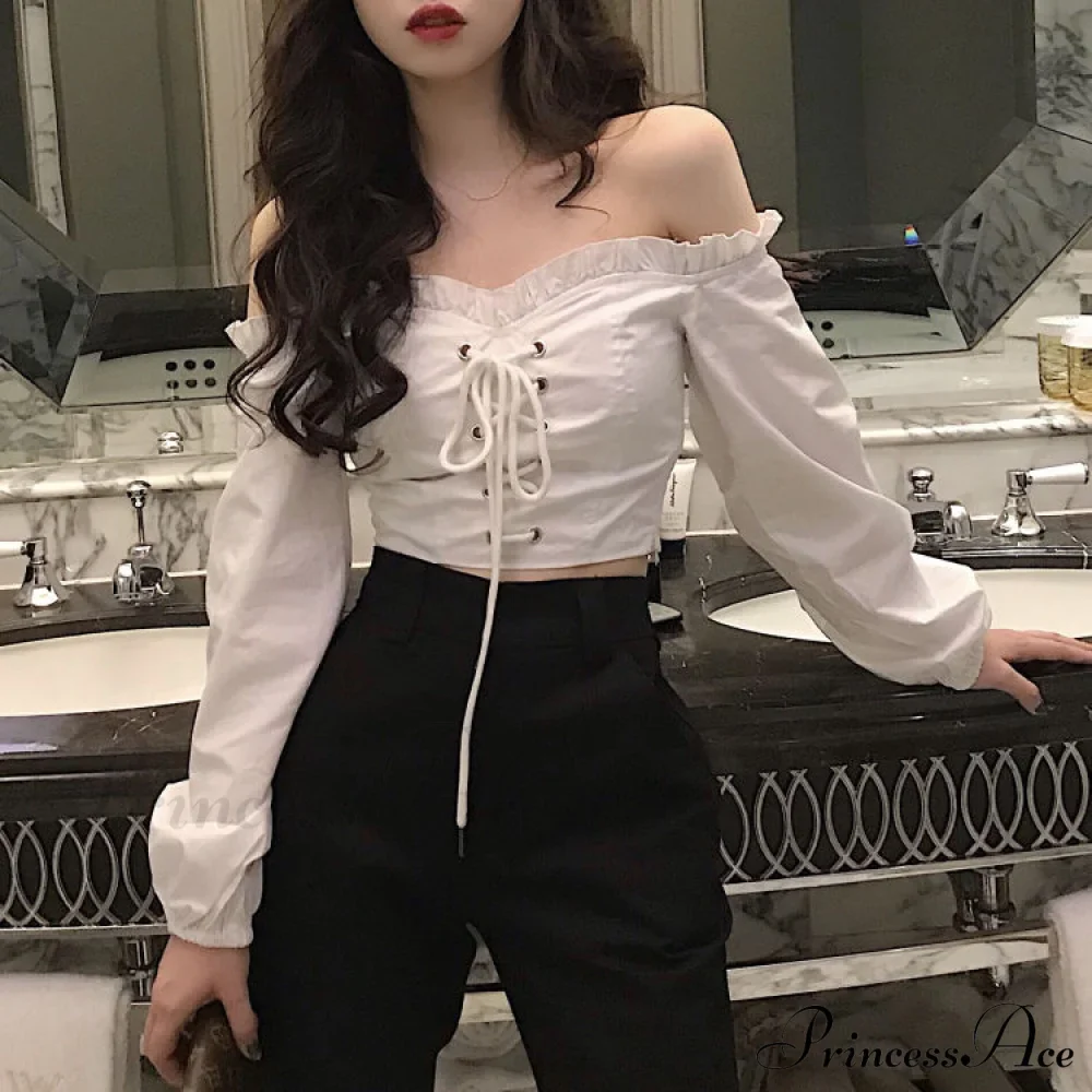 Top Sleeves Lace Ruffle Puff Tops Long Tops Crop Vintage Arm Up Bandage Blouse Shoulder Ladies Black Off With White - Image 9