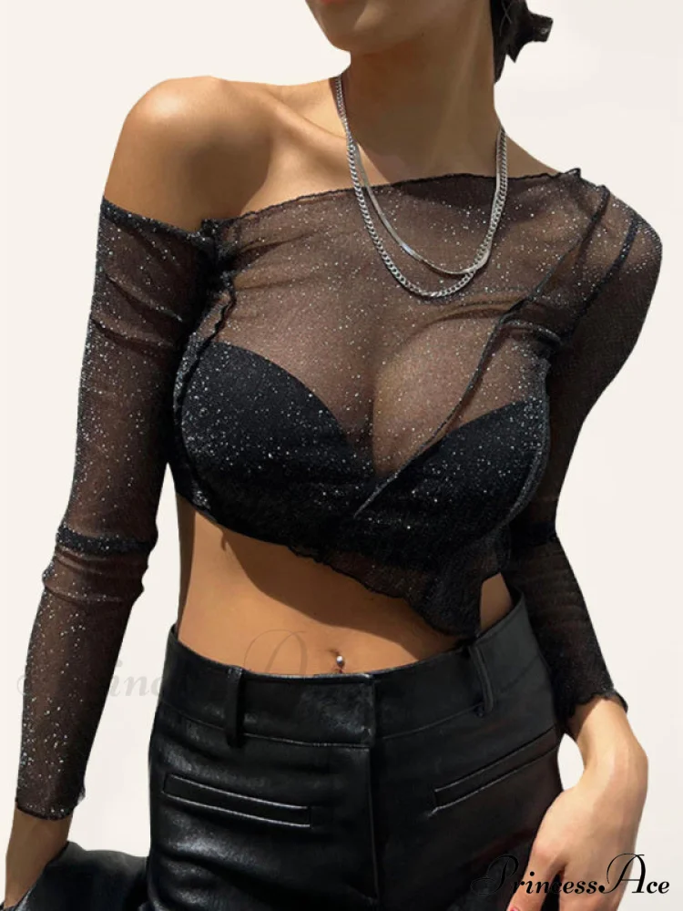 Top Solid Mesh Color for One-shoulder Sexy Crop Sheer Women - Image 5