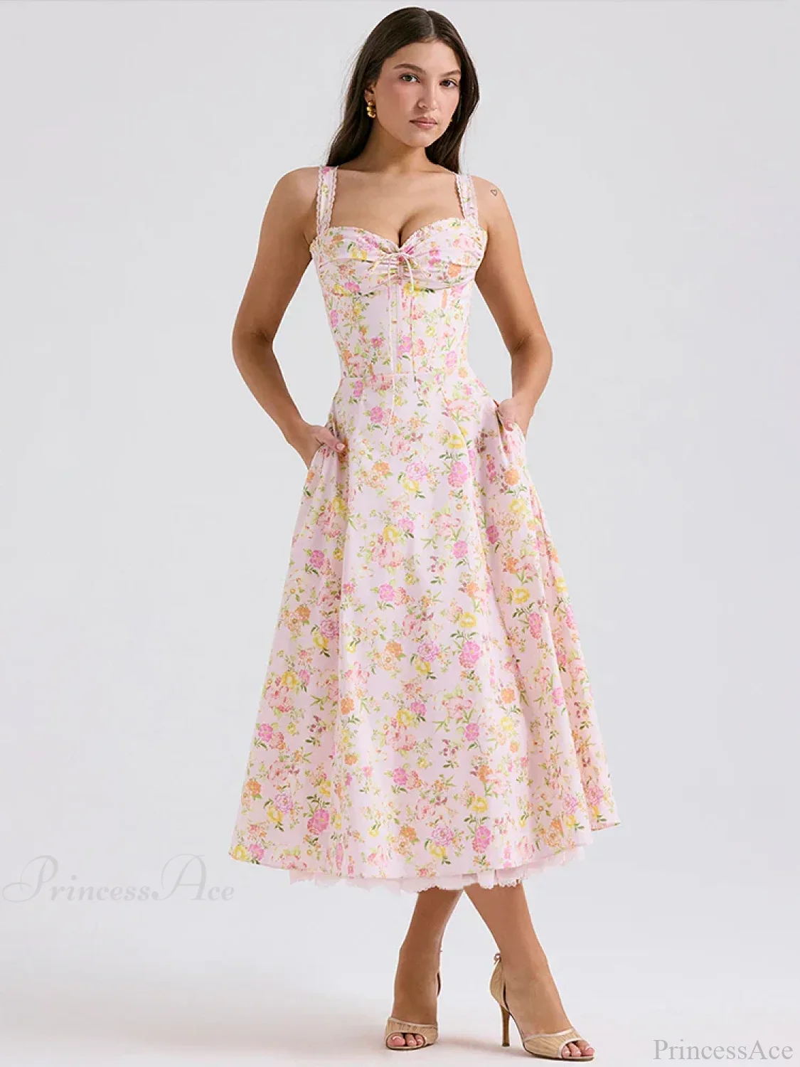 Waist Wrap Spaghetti Strap Print Floral Dress - Image 6