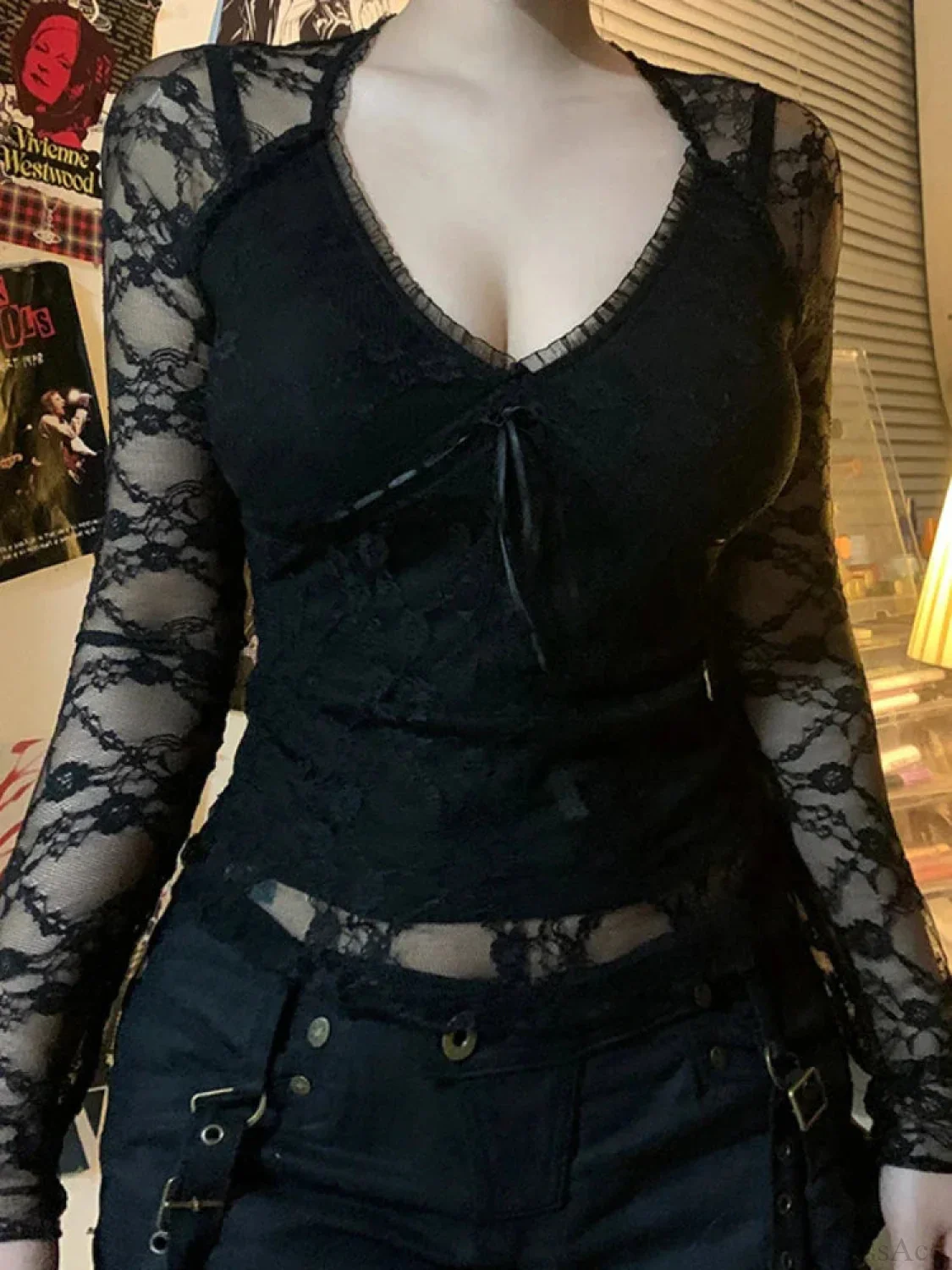 Transparent Lace V-neck Knitted Top - Image 5