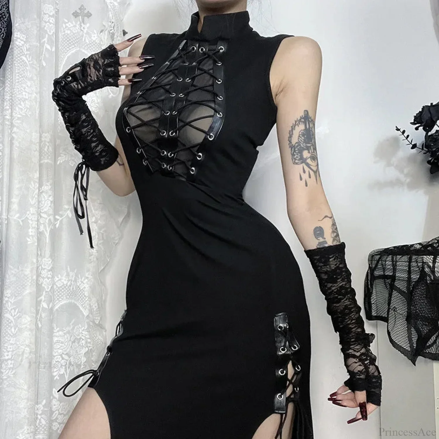 Transparent Patchwork Bandage Hem Midi Dress
