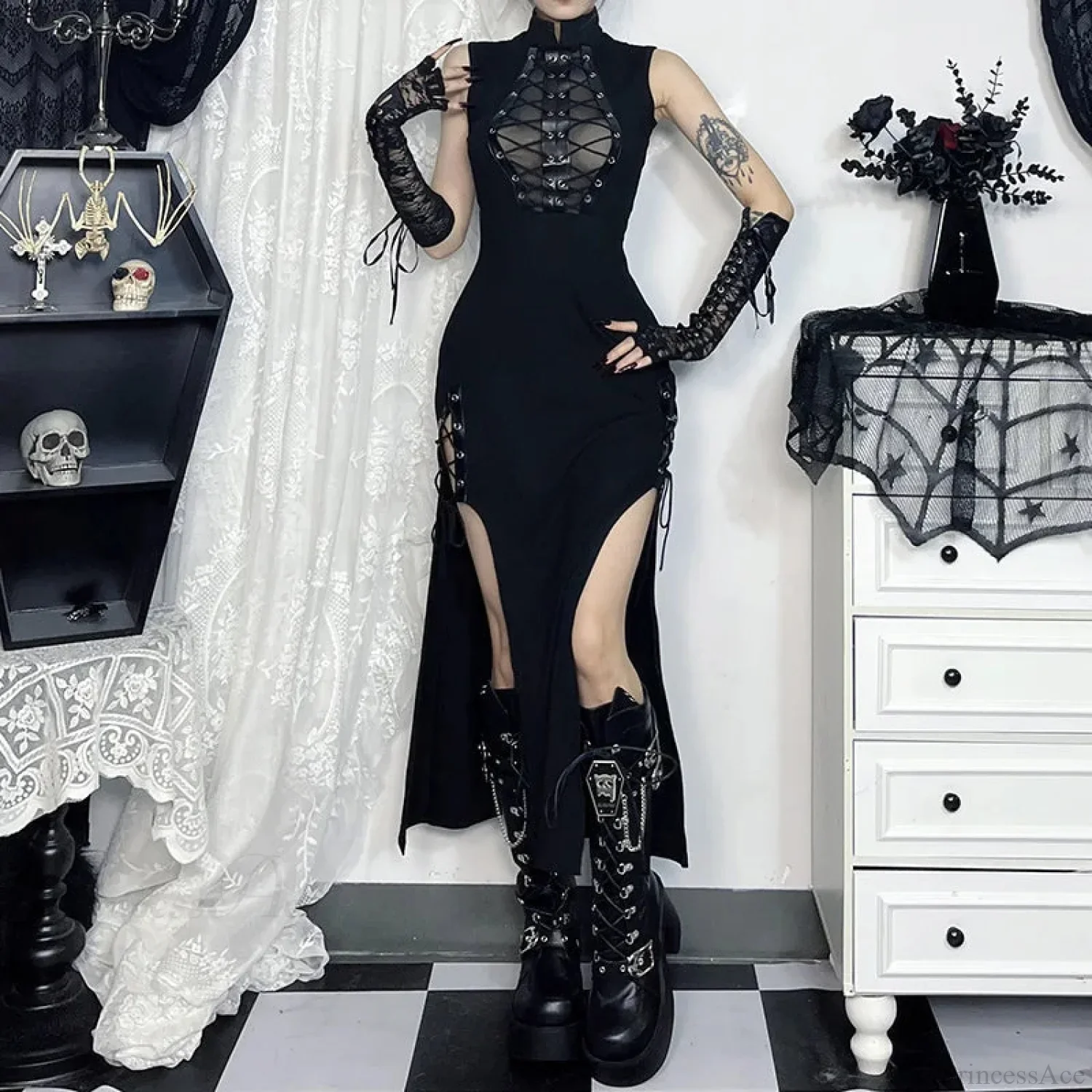 Transparent Patchwork Bandage Hem Midi Dress - Image 2