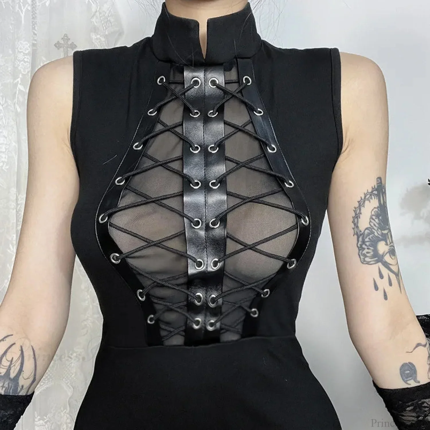 Transparent Patchwork Bandage Hem Midi Dress - Image 3