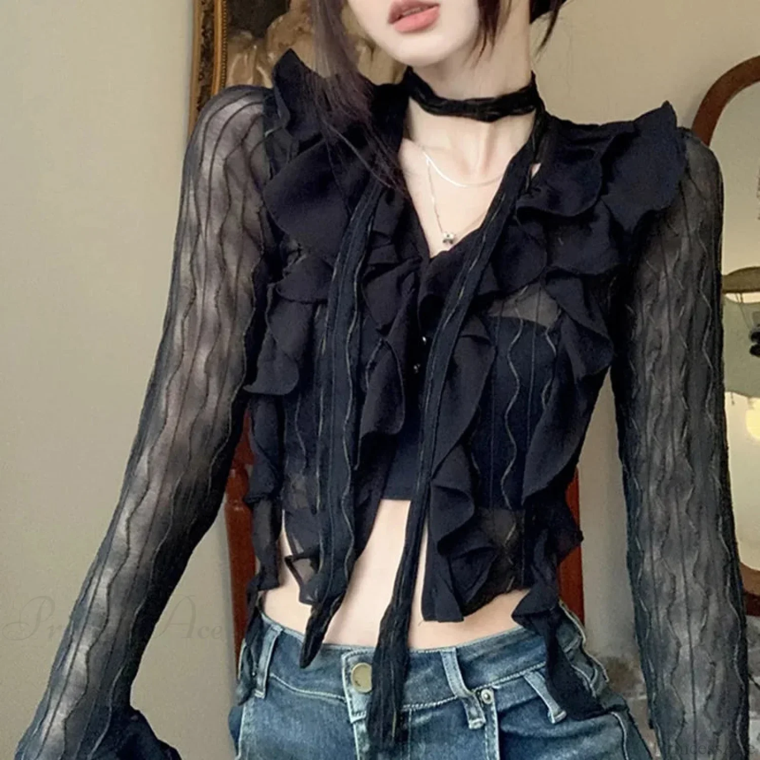 Transparent V-neck Flared Sleeve Blouse - Image 2