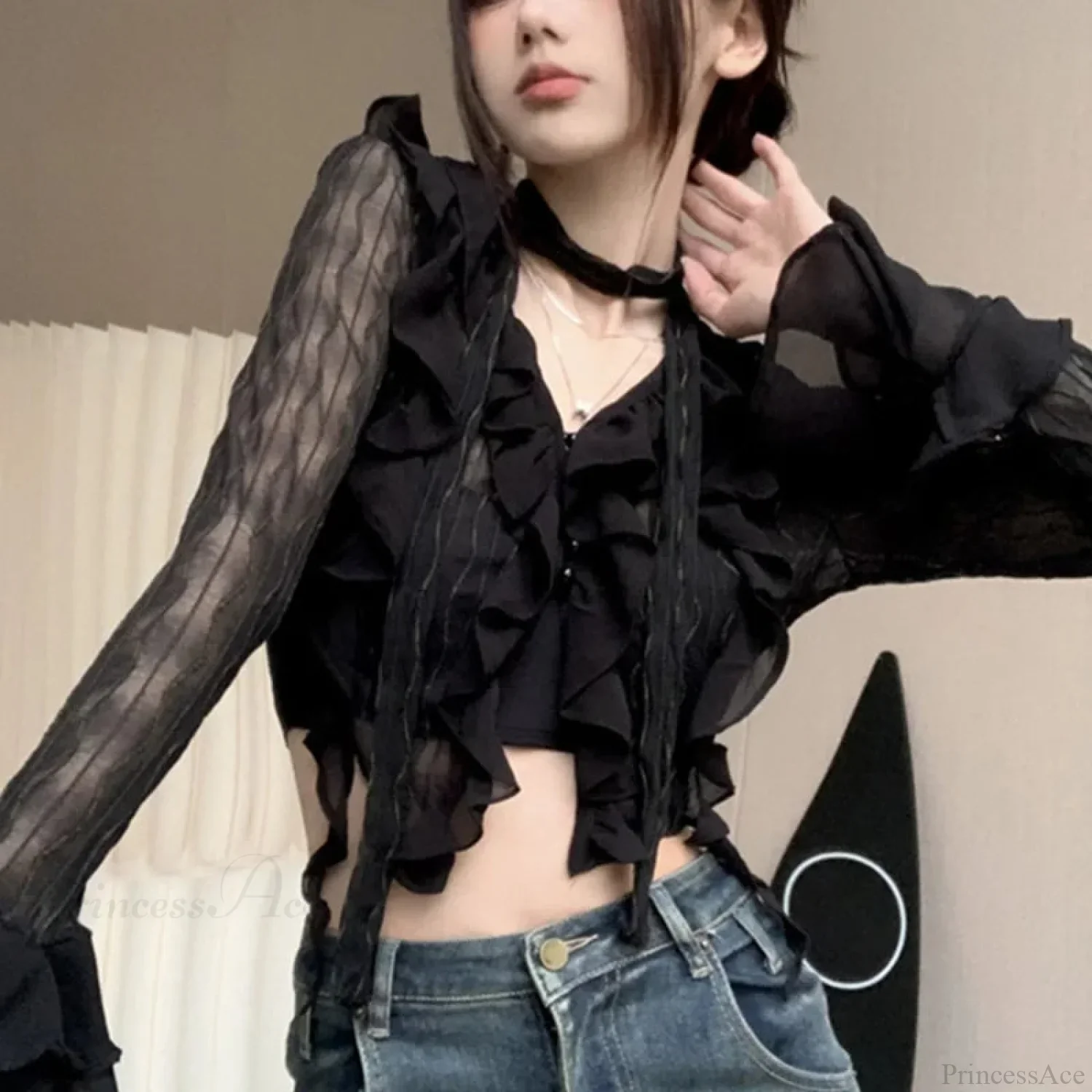 Transparent V-neck Flared Sleeve Blouse - Image 3
