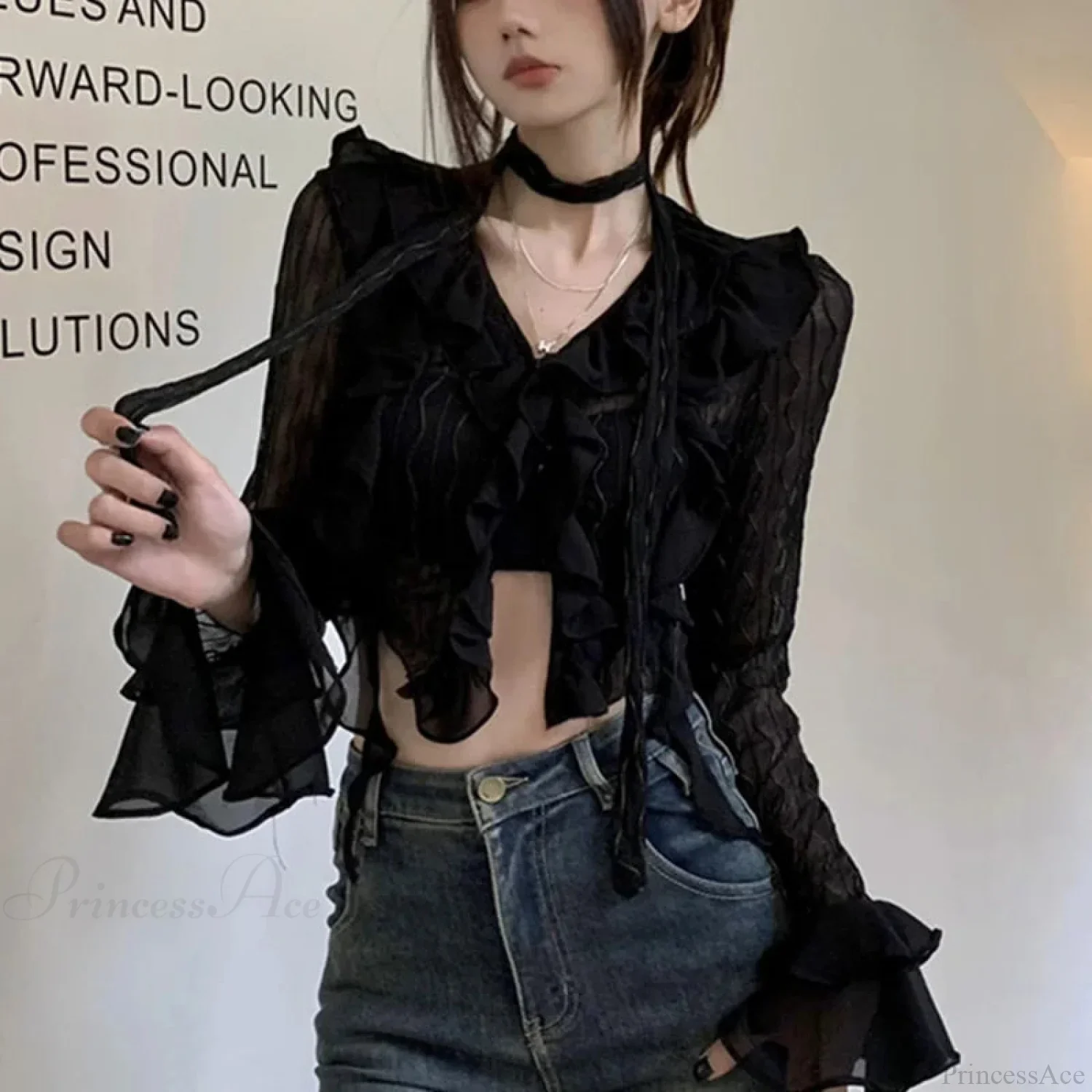 Transparent V-neck Flared Sleeve Blouse - Image 4