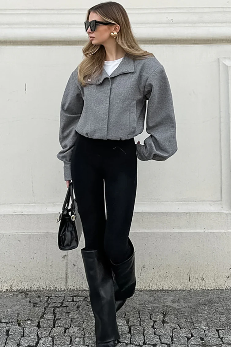 Trendy Grey Wool Short Coat - Image 6