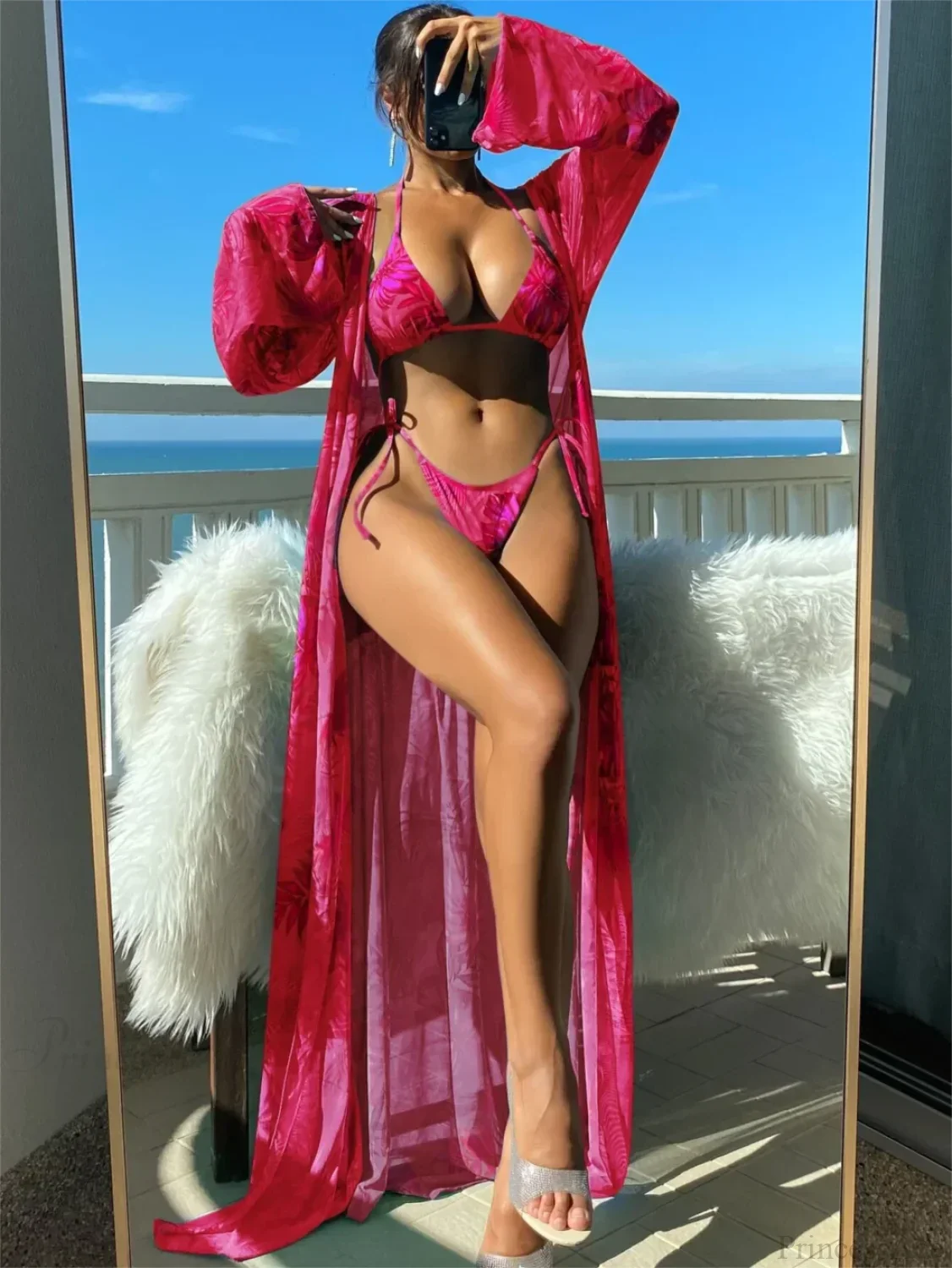 Triangle String Bikini Set with Kimono Three Piece Swimsuit - Image 2