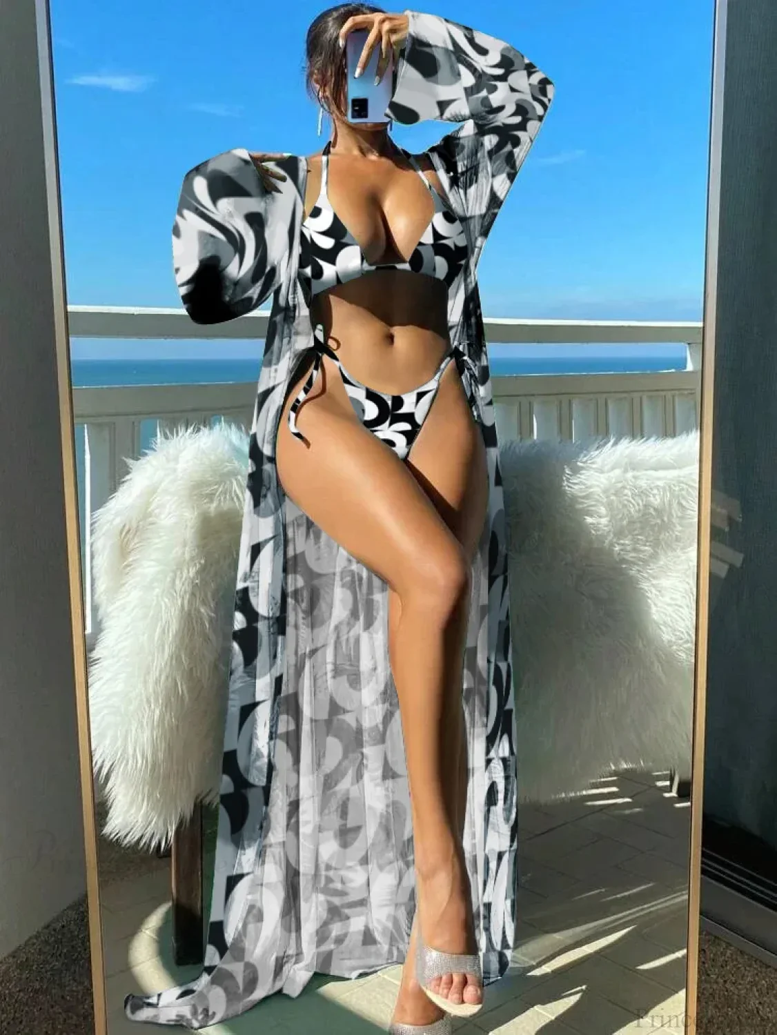 Triangle String Bikini Set with Kimono Three Piece Swimsuit - Image 3