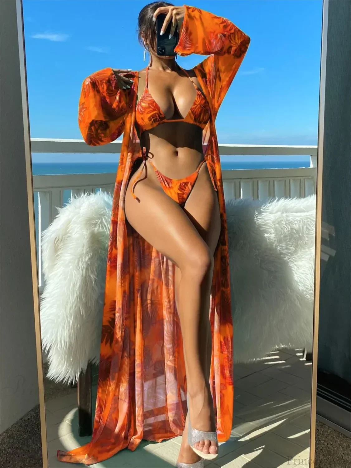 Triangle String Bikini Set with Kimono Three Piece Swimsuit - Image 4