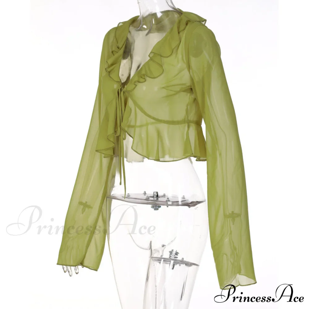 Trim Lace T-shirt 90s with Chiffon Ruffles Up and Vintage Green Detail - Image 10