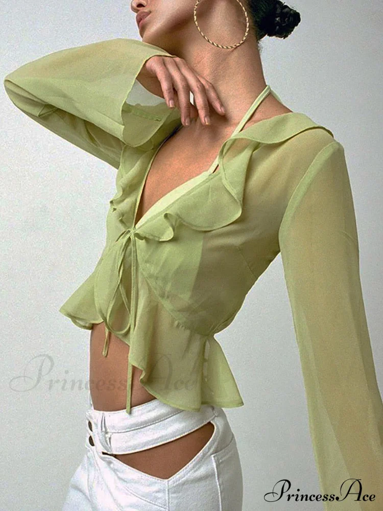 Trim Lace T-shirt 90s with Chiffon Ruffles Up and Vintage Green Detail - Image 4