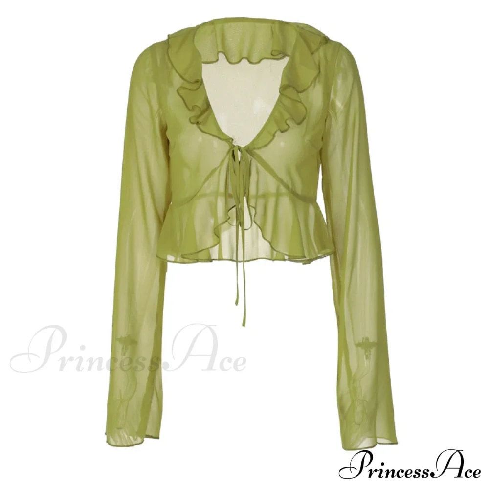 Trim Lace T-shirt 90s with Chiffon Ruffles Up and Vintage Green Detail - Image 7