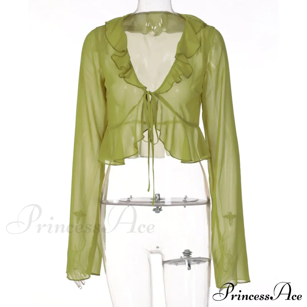 Trim Lace T-shirt 90s with Chiffon Ruffles Up and Vintage Green Detail - Image 9