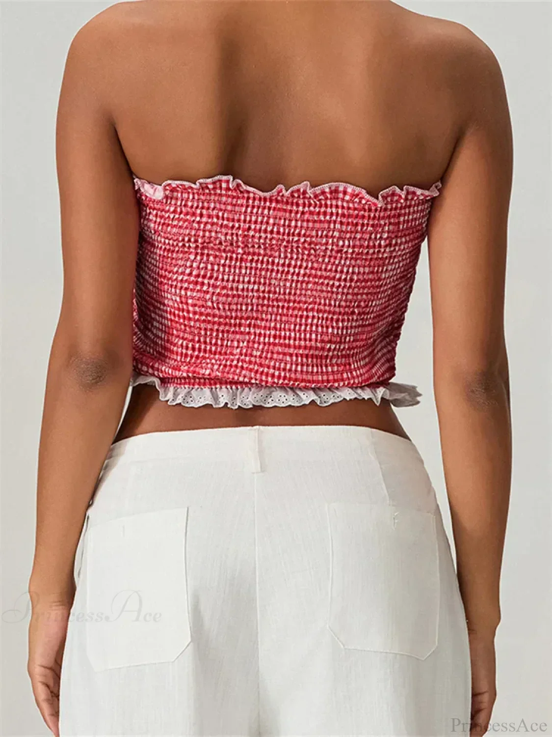 Tube Bow Lace Trim Ruched Plaid Crop Top - Image 3