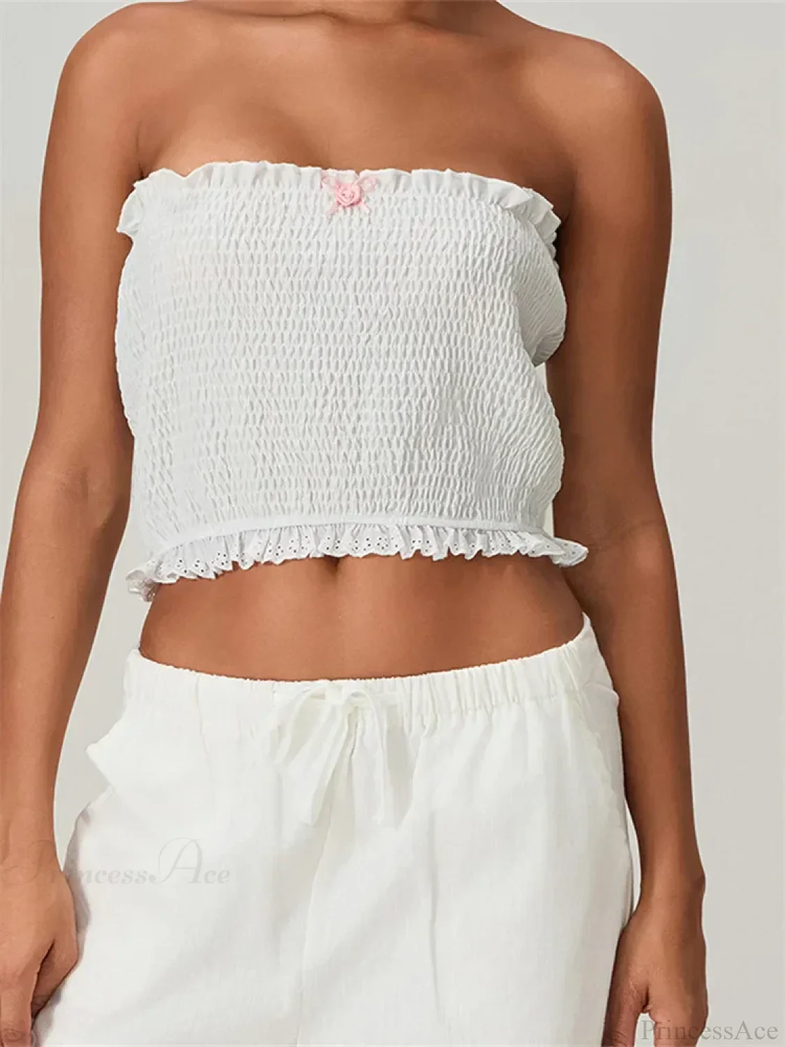 Tube Bow Lace Trim Ruched Plaid Crop Top - Image 4