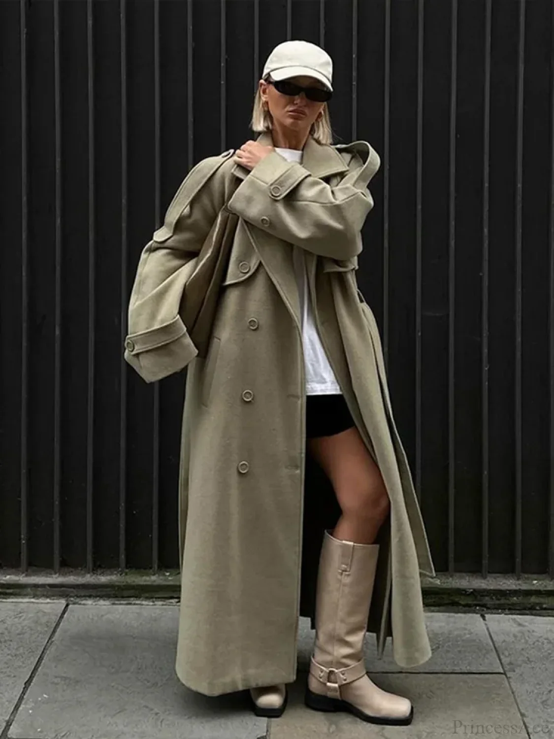 Turn-Down Collar Lace-Up Loose Overcoat - Image 5