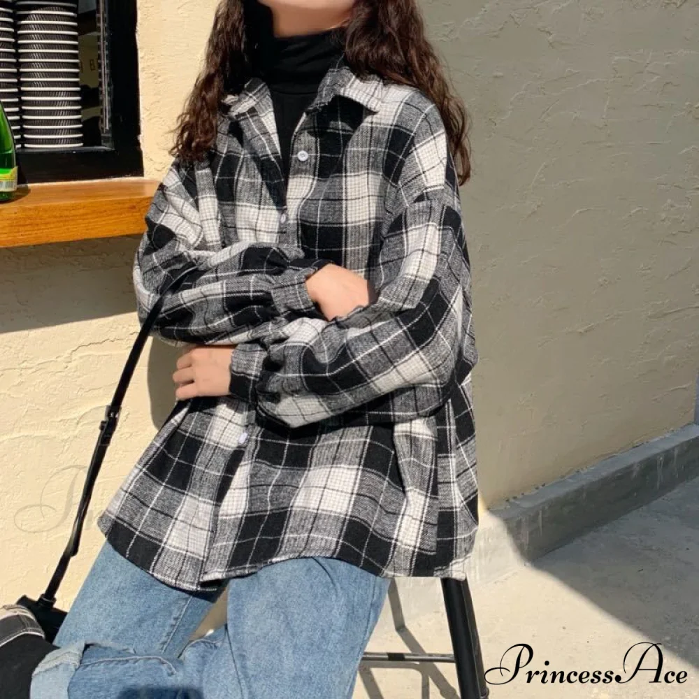 Turn-down Style Spring - Women's Plaid Outwear Loose 4 Neckline Blouse Harajuku with Fit Batwing-sleeve - - Colors - Image 10