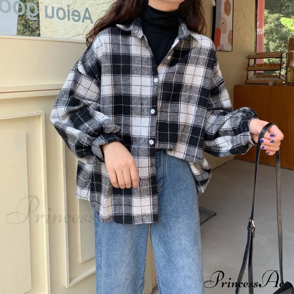 Turn-down Style Spring - Women's Plaid Outwear Loose 4 Neckline Blouse Harajuku with Fit Batwing-sleeve - - Colors - Image 11