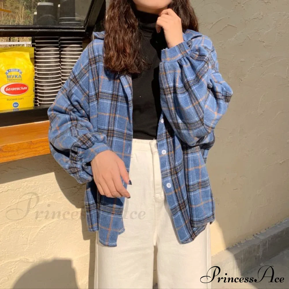 Turn-down Style Spring - Women's Plaid Outwear Loose 4 Neckline Blouse Harajuku with Fit Batwing-sleeve - - Colors - Image 12