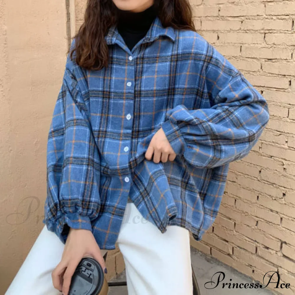 Turn-down Style Spring - Women's Plaid Outwear Loose 4 Neckline Blouse Harajuku with Fit Batwing-sleeve - - Colors - Image 13